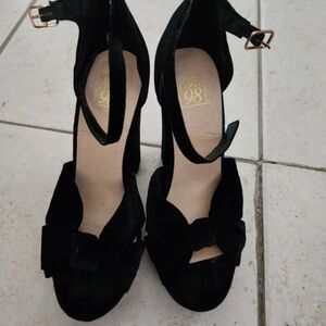 Telfar Black Velvet Heels with Bow Accent